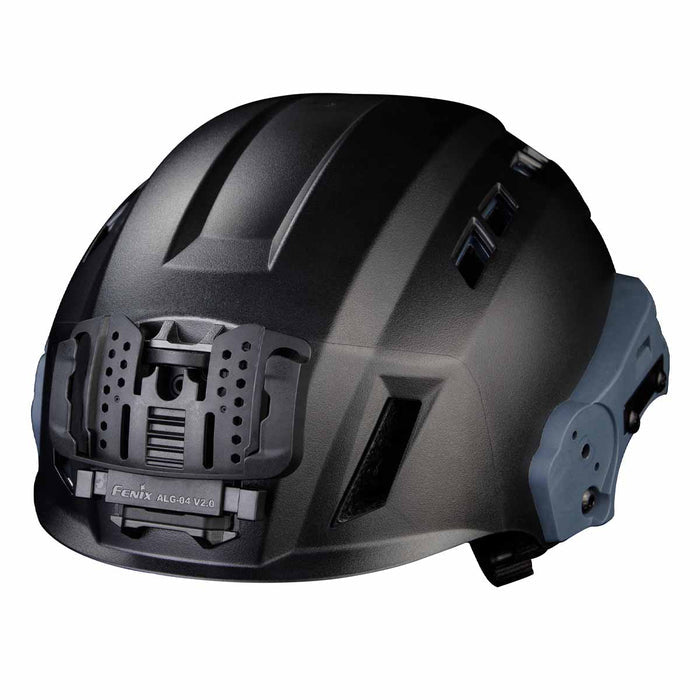 Black tactical helmet with ALG-04 V2.0 attached on a white background