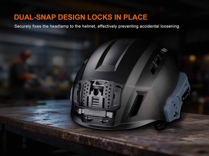 Helmet with Fenix ALG-04 V2.0 attachment on a wooden surface, blurred background