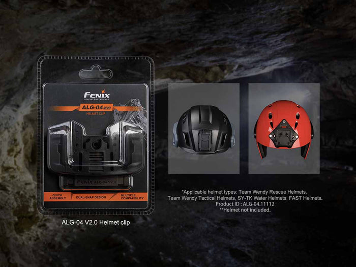 Fenix ALG-04 V2.0 Helmet clip packaging with helmet images and listed applicable helmet types on a dark background