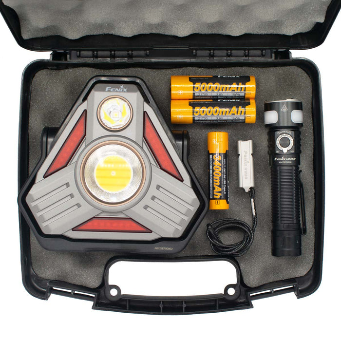 Fenix car emergency pack with Fenix LD35R flashlight, CP50R lantern, batteries, and NW20 emergency whistle