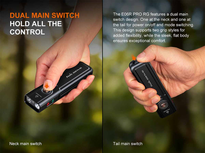 Two views of the Fenix E06R PRO RG Flat Flashlight with dual main switches held by hands against a blurred natural background
