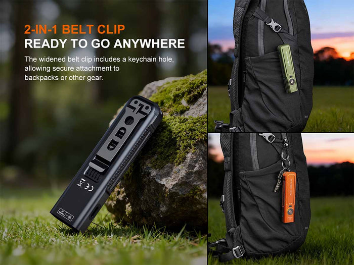 Fenix E06R PRO RG Flat Flashlight 2-in-1 belt clip with keychain hole on grass, attached to backpack with sunset background