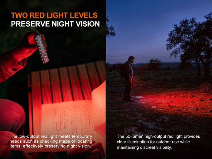 Red light levels preserving night vision with a person using the Fenix E06R Pro RG in a dark setting.
