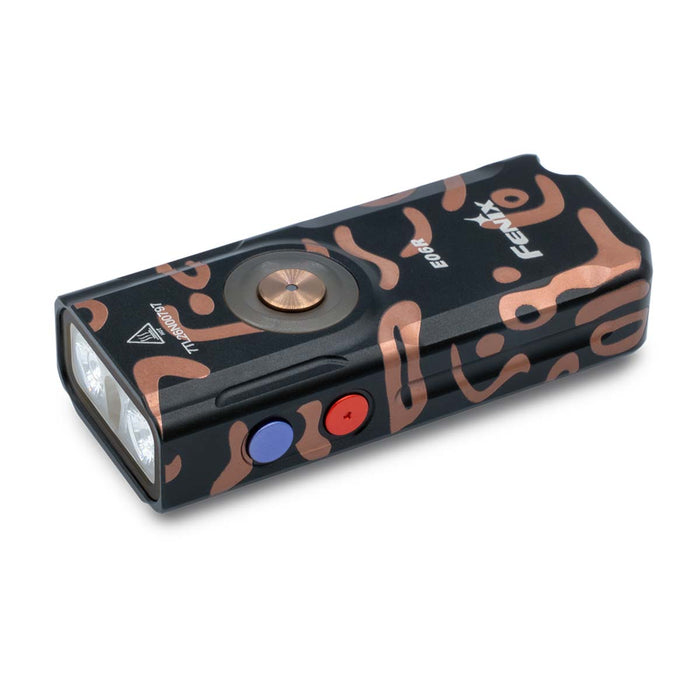 Black and brown patterned E06R with blue and red side buttons and a brown power button a white background