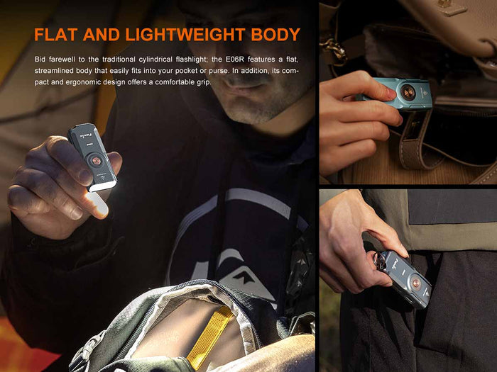 Fenix E06R rechargeable EDC flashlight with text and images about the flat and lightweight body design