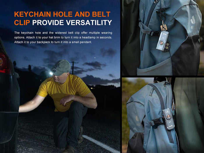Fenix E06R rechargeable EDC flashlight with images and text about the clip and key loop