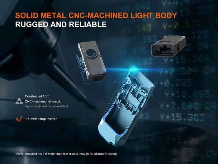 Fenix E06R rechargeable edc flashlight with text about cnc-machined light body build and durability on a dark background