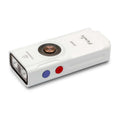 A white Fenix E06R with a front LED light bar, a central metallic power button, and two colored side buttons (blue and red) on a clean white background.