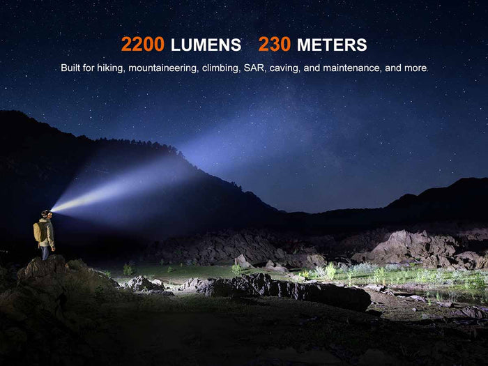 Person illuminating a mountainous landscape at night, with HM65R V2.0 lumen output and meters