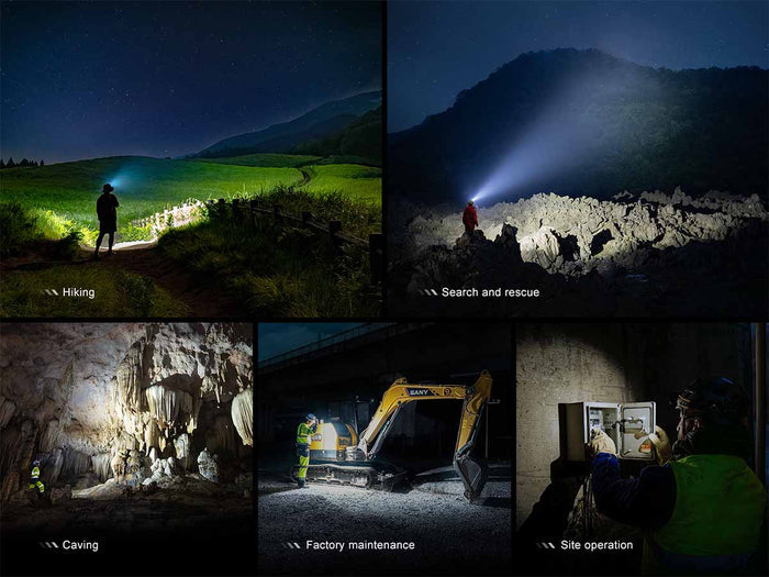 Collage of the Fenix HM65R V2.0 being used in various settings including hiking, search and rescue, caving, factory maintenance, and site operation.