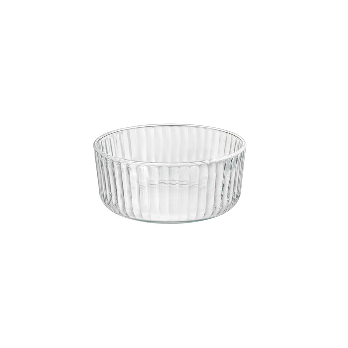 Clear Exclusiva glass bowl with ribbed design on a white background