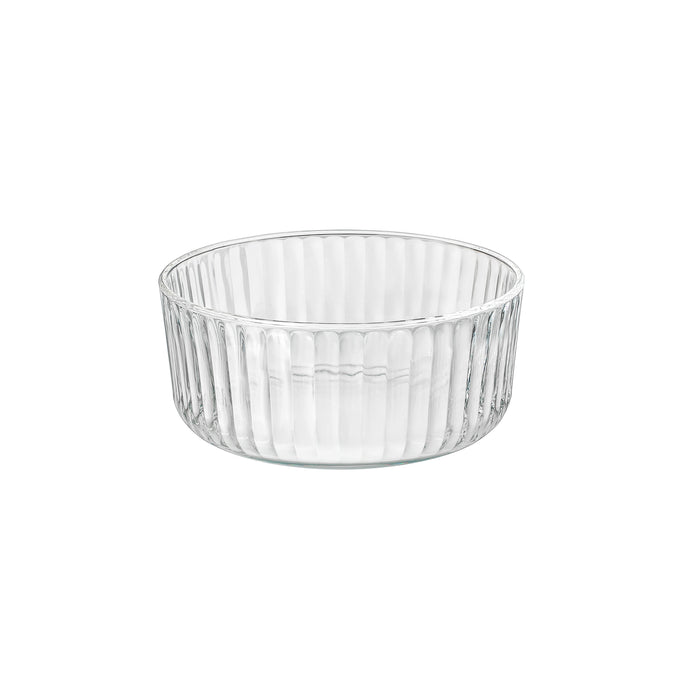 Clear Exclusiva glass bowl with ribbed design on a white background