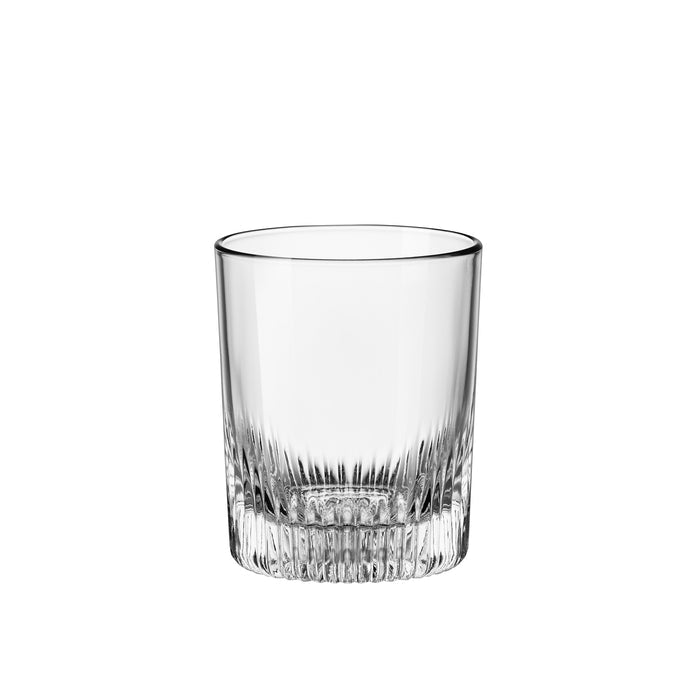A clear Graphics DOF glass with intricate engravings at the base, designed to hold whiskey or other beverages.