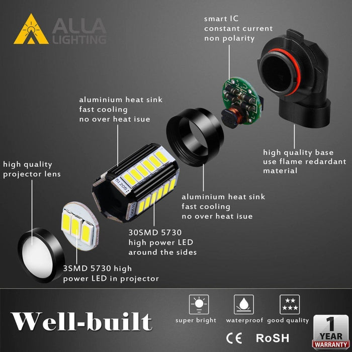 H10 9145 LED Fog Lights Bulbs Super Bright 5730-SMD, 6000K Xenon White -Alla Lighting