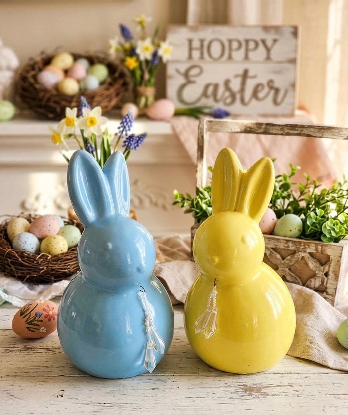 Large Ceramic Yellow And Blue Easter Bunnies, Retro Spring Decor, Peeps Bunnies                                       8 1/2”  x 5” Inches