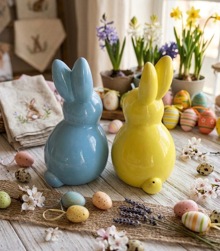Large Ceramic Yellow And Blue Easter Bunnies, Retro Spring Decor, Peeps Bunnies                                       8 1/2”  x 5” Inches