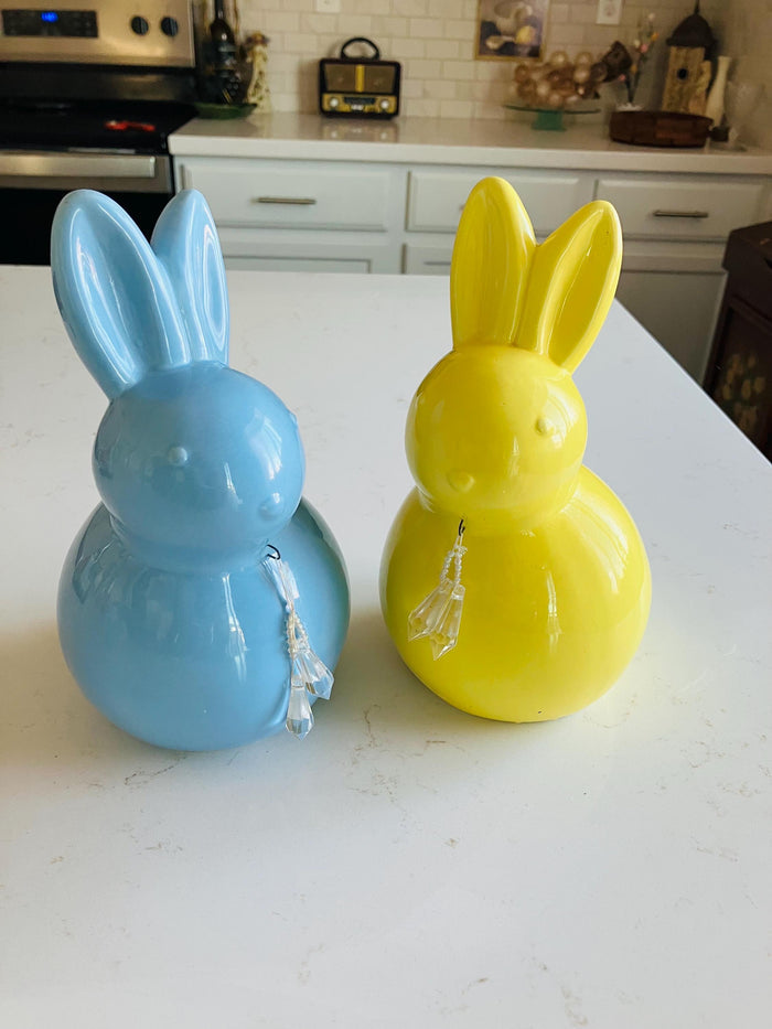 Large Ceramic Yellow And Blue Easter Bunnies, Retro Spring Decor, Peeps Bunnies                                       8 1/2”  x 5” Inches