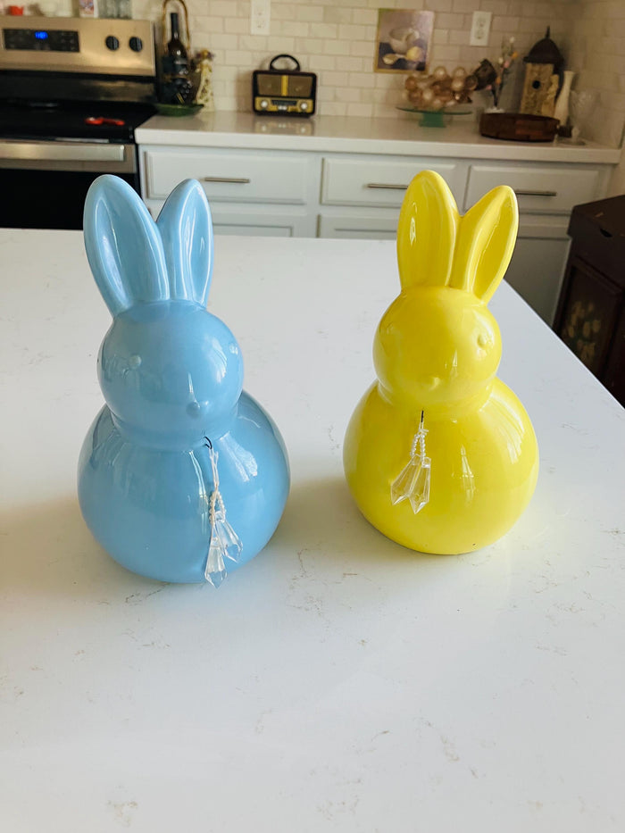 Large Ceramic Yellow And Blue Easter Bunnies, Retro Spring Decor, Peeps Bunnies                                       8 1/2”  x 5” Inches