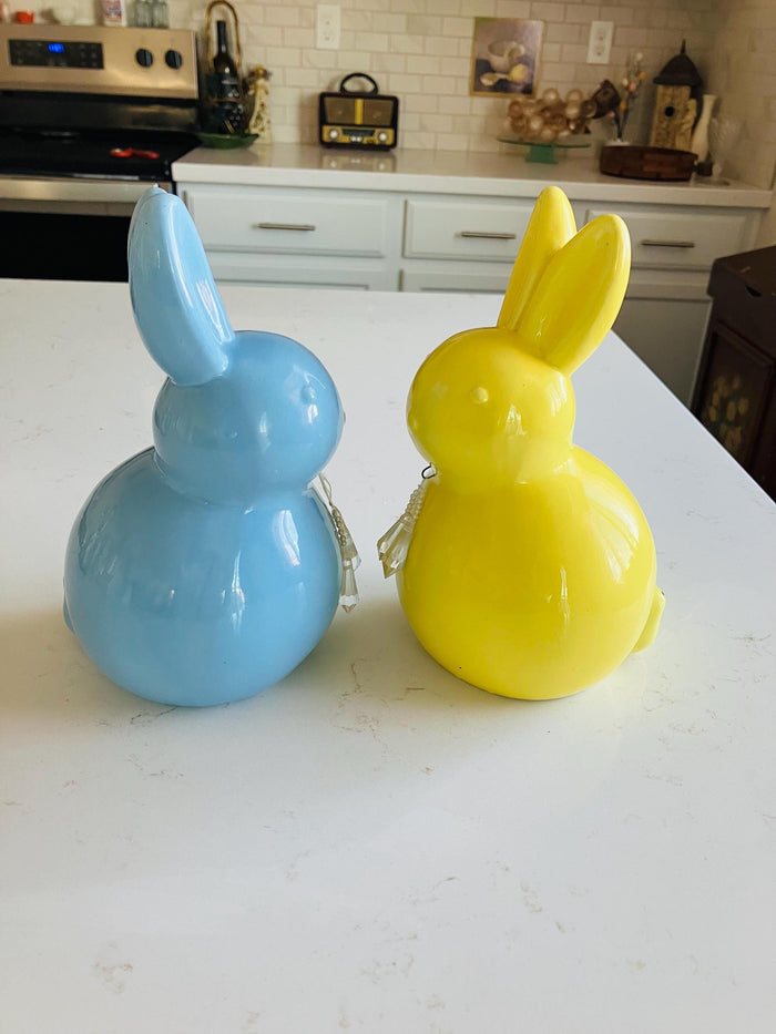 Large Ceramic Yellow And Blue Easter Bunnies, Retro Spring Decor, Peeps Bunnies                                       8 1/2”  x 5” Inches