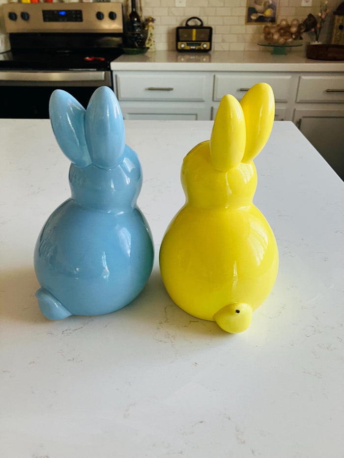 Large Ceramic Yellow And Blue Easter Bunnies, Retro Spring Decor, Peeps Bunnies                                       8 1/2”  x 5” Inches