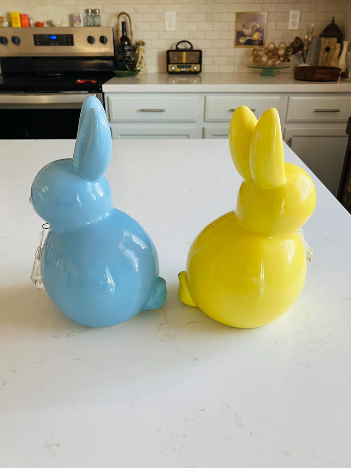 Large Ceramic Yellow And Blue Easter Bunnies, Retro Spring Decor, Peeps Bunnies                                       8 1/2”  x 5” Inches