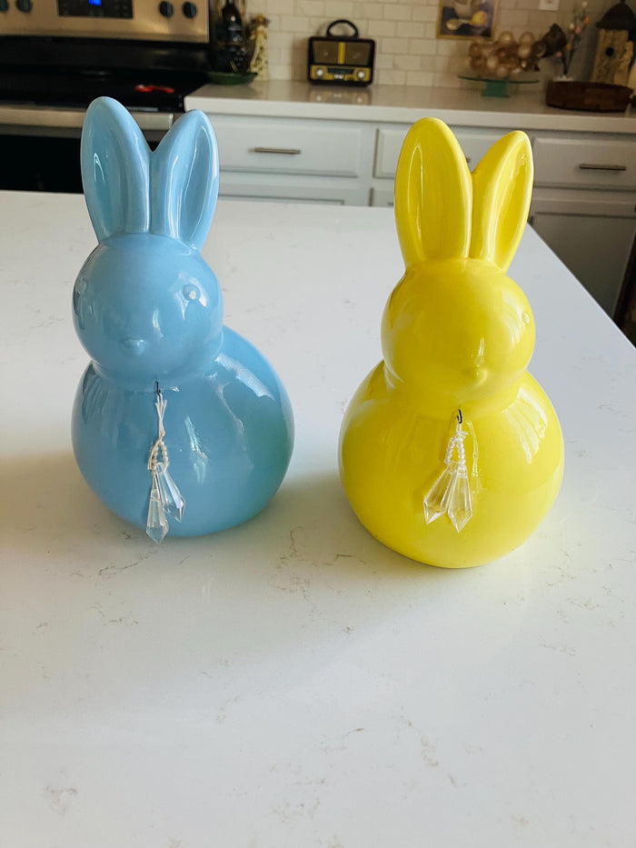 Large Ceramic Yellow And Blue Easter Bunnies, Retro Spring Decor, Peeps Bunnies                                       8 1/2”  x 5” Inches