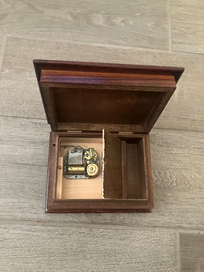 Made In Switzerland Musical Movement Box With An Orange Cat Sitting In A Flower Field With Birds