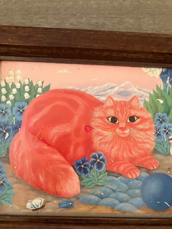 Made In Switzerland Musical Movement Box With An Orange Cat Sitting In A Flower Field With Birds
