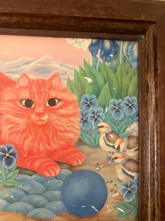 Made In Switzerland Musical Movement Box With An Orange Cat Sitting In A Flower Field With Birds