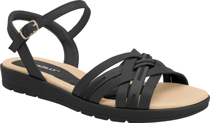 Piccadilly flat sandal in black with braided woven strap details on the upper and an adjustable buckle at the heel