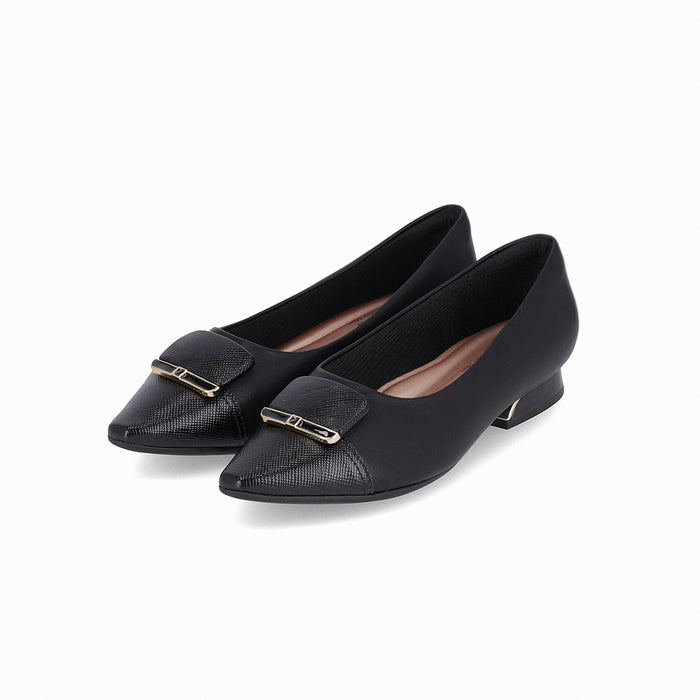 low-heeled point-toe black Piccadilly shoe  with black  embellishment and gold detail