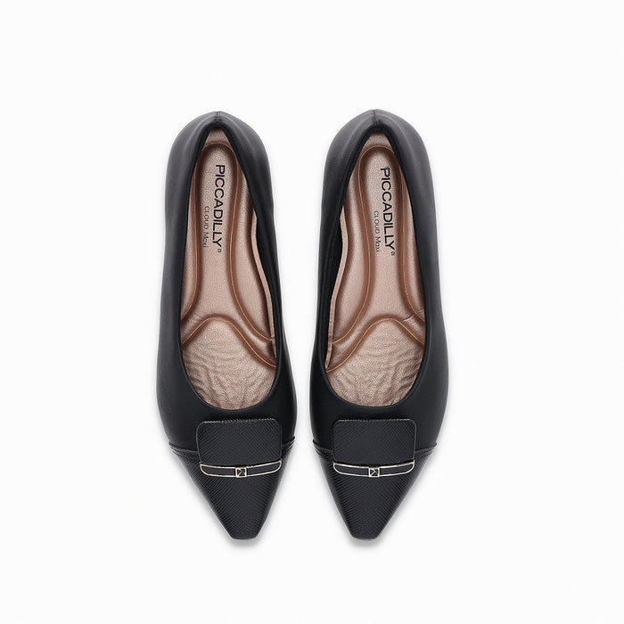 low-heeled point-toe black Piccadilly shoe  with black  embellishment and gold detail