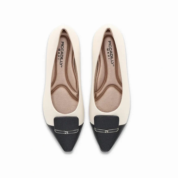 low-heeled point-toe off white shoe from Piccadilly balck embellishment and golden  detail