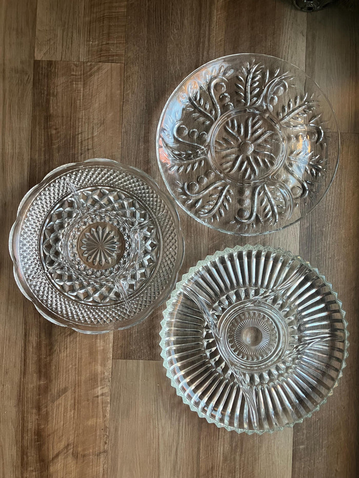 Three Vintage Glass Divided Relish Trays, MCM Serving Dishes, Glass Charcuterie Boards