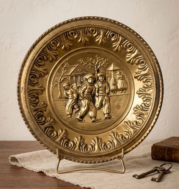 Vintage Peerage Brass Wall Plate , Ice Skating Scene, Made In England