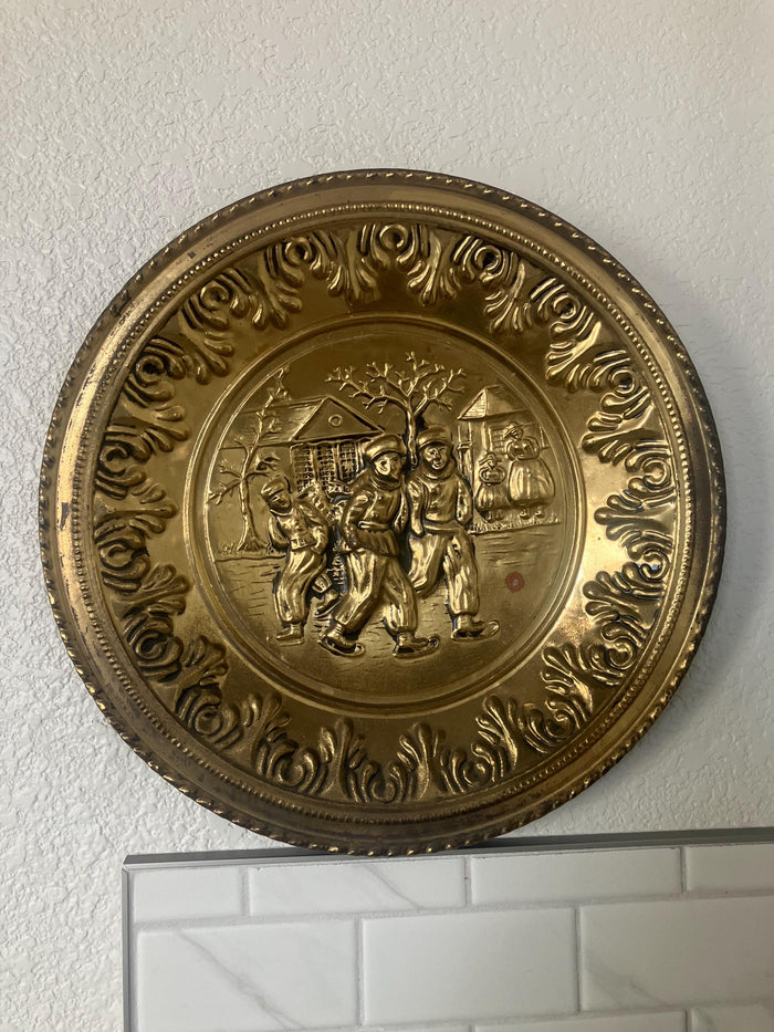 Vintage Peerage Brass Wall Plate , Ice Skating Scene, Made In England
