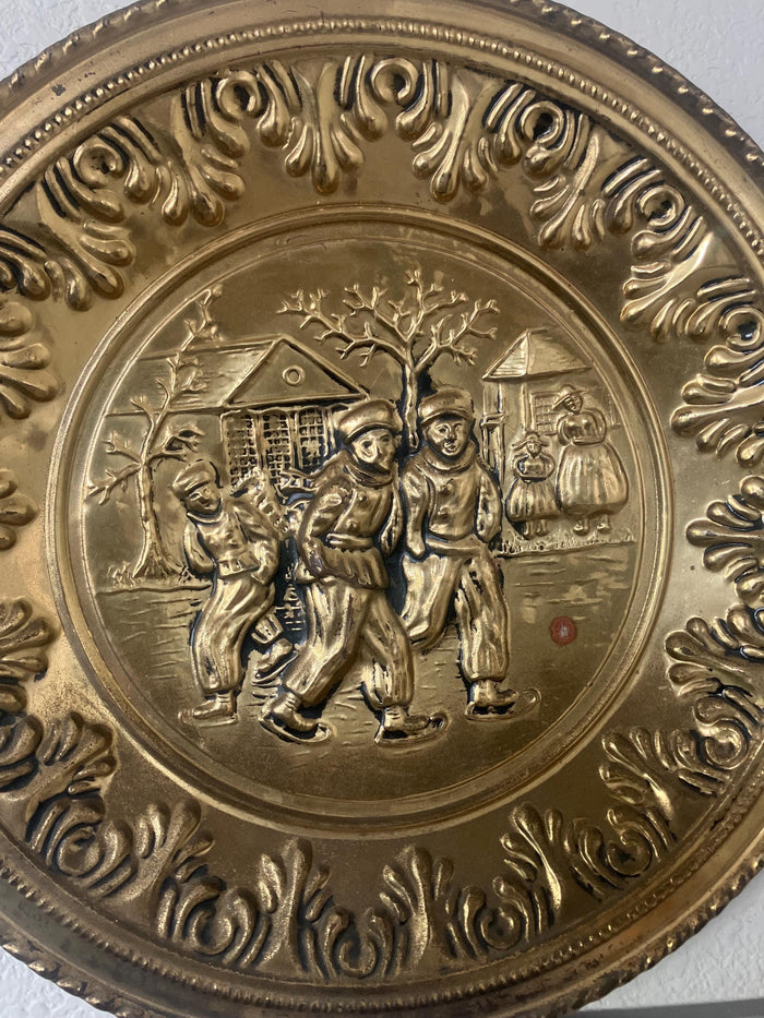 Vintage Peerage Brass Wall Plate , Ice Skating Scene, Made In England