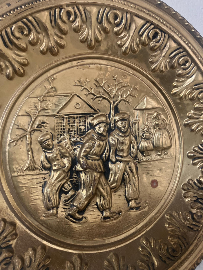 Vintage Peerage Brass Wall Plate , Ice Skating Scene, Made In England
