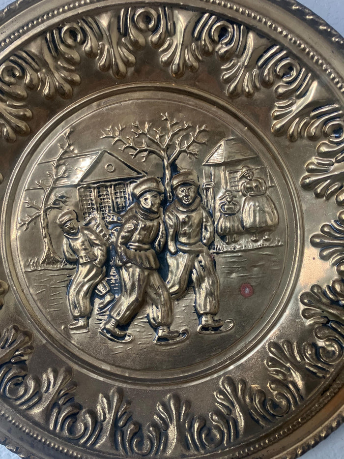 Vintage Peerage Brass Wall Plate , Ice Skating Scene, Made In England