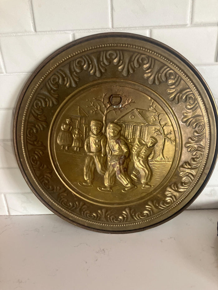 Vintage Peerage Brass Wall Plate , Ice Skating Scene, Made In England