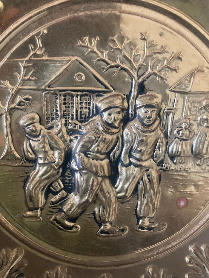 Vintage Peerage Brass Wall Plate , Ice Skating Scene, Made In England