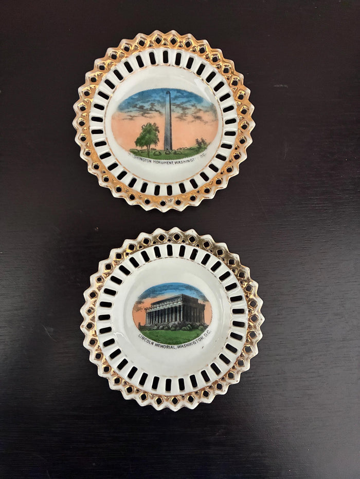 Washington Monument and Lincoln Memorial Souvenir Plates With Reticulated Open Lace Gold Edges.