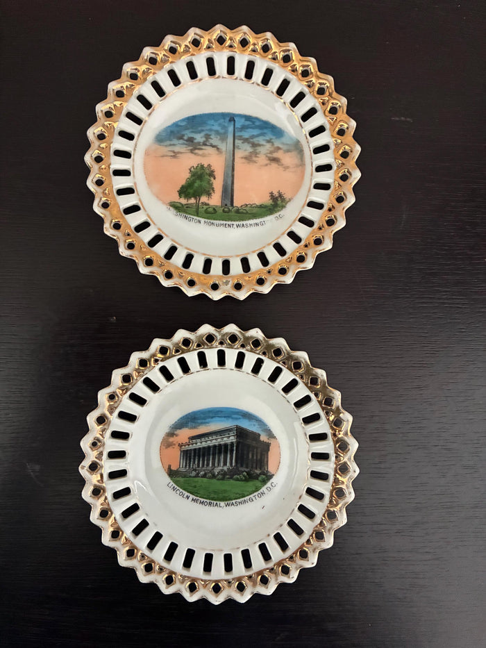 Washington Monument and Lincoln Memorial Souvenir Plates With Reticulated Open Lace Gold Edges.